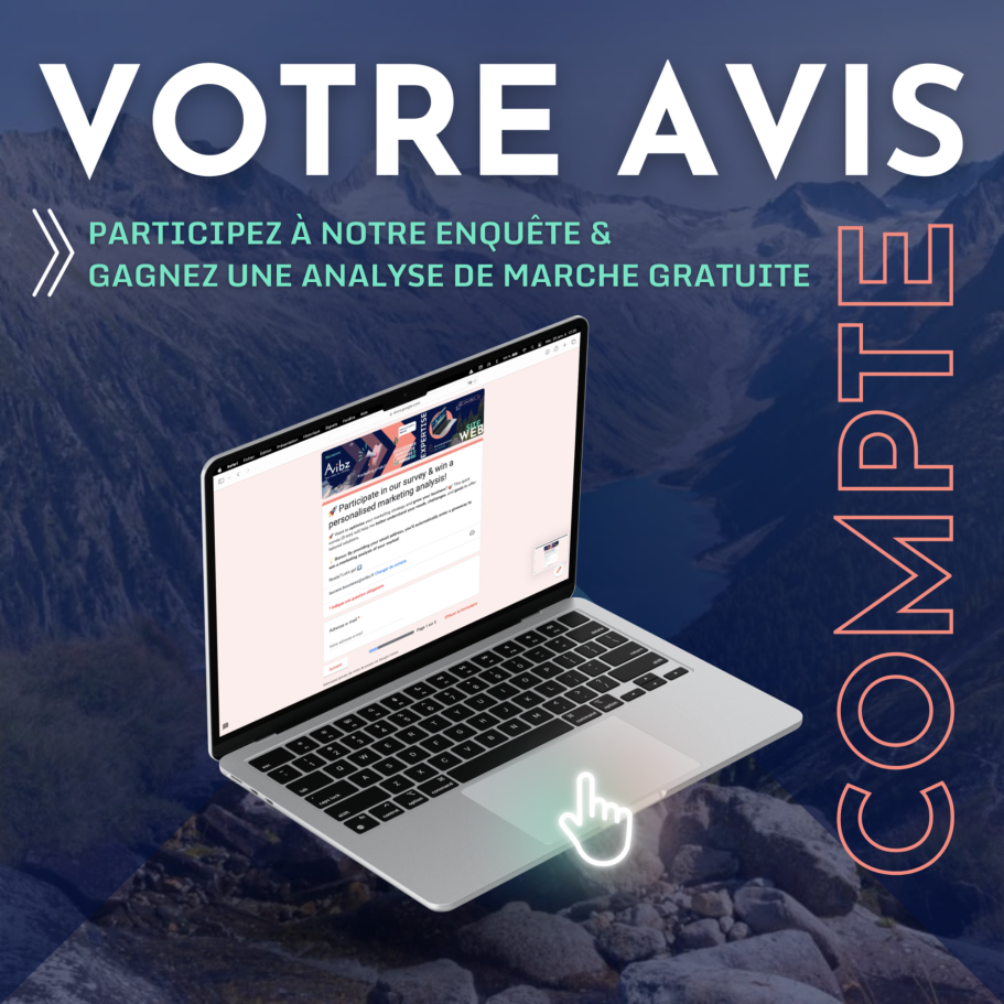 Participez à notre enquête et tentez de gagner une analyse de marché gratuite. Ordinateur portable affichant une enquête avec un appel à participation.